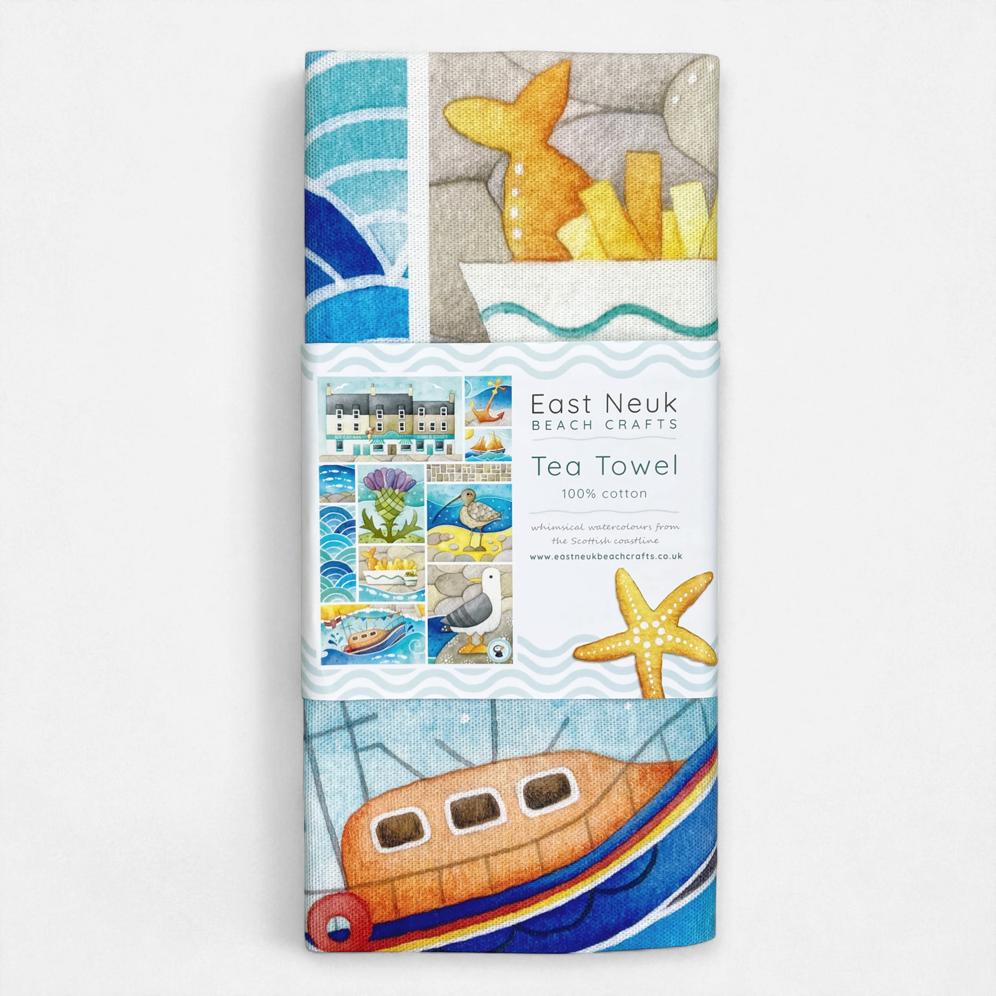 Seaside Tea Towel - Cotton - Seagull, Chip Shop, Lifeboat