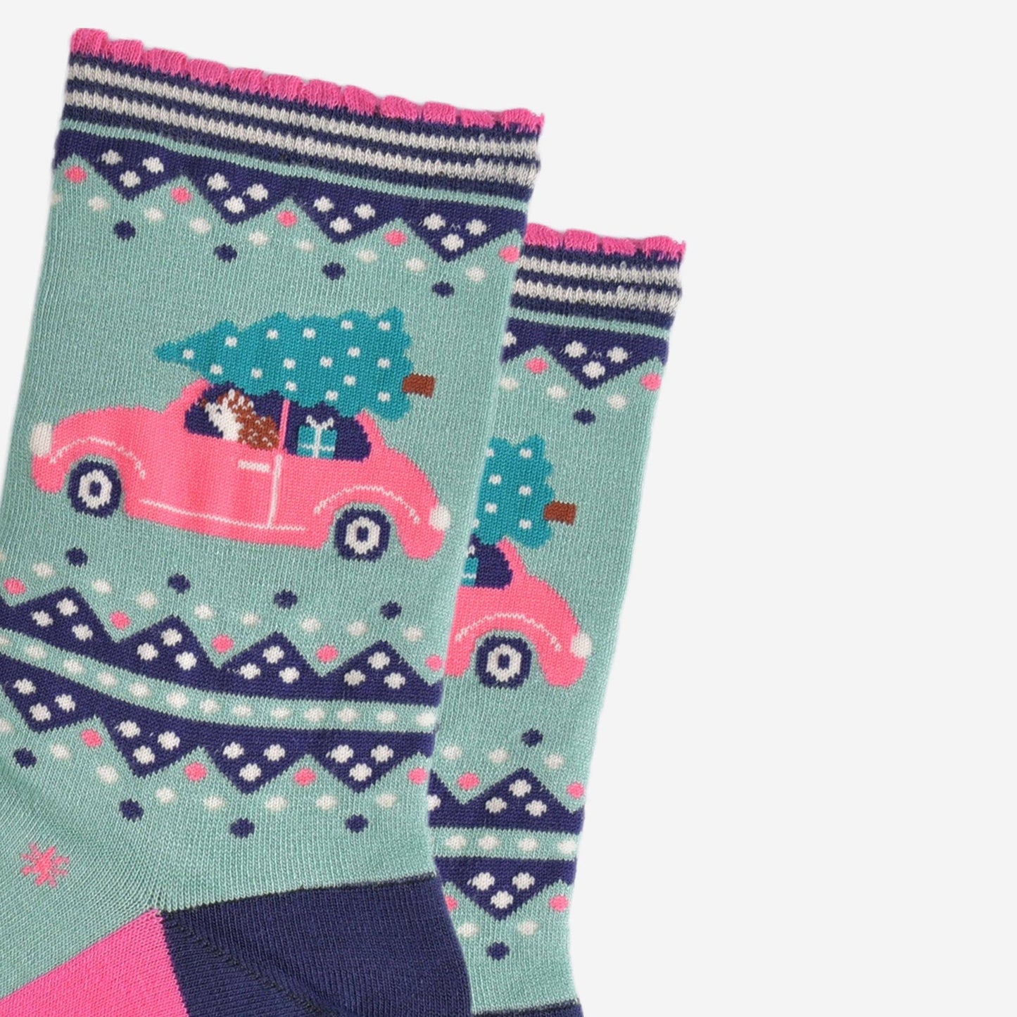 Women's Bamboo Socks - Green/Pink - Christmas Hedgehog Car