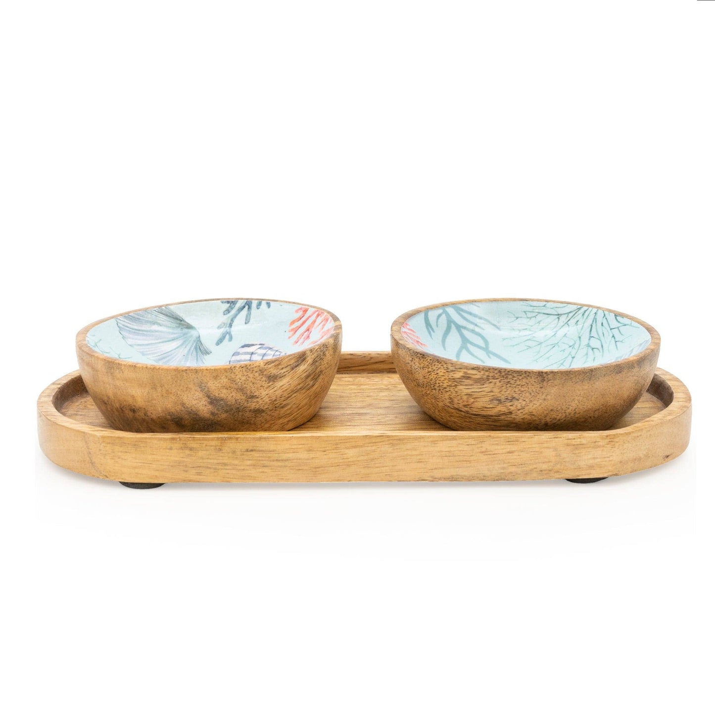 Set of 2 Small Mango Wood Dipping Bowls On Tray - Coastal Shores