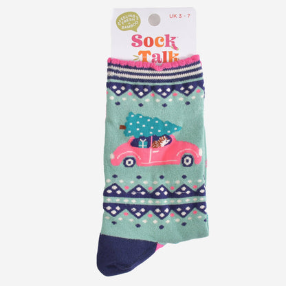 Women's Bamboo Socks - Green/Pink - Christmas Hedgehog Car