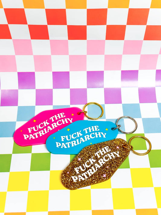 Fuck The Patriarchy - Laser Engraved and Hand Painted Keychain - Gold With Gold Glitter