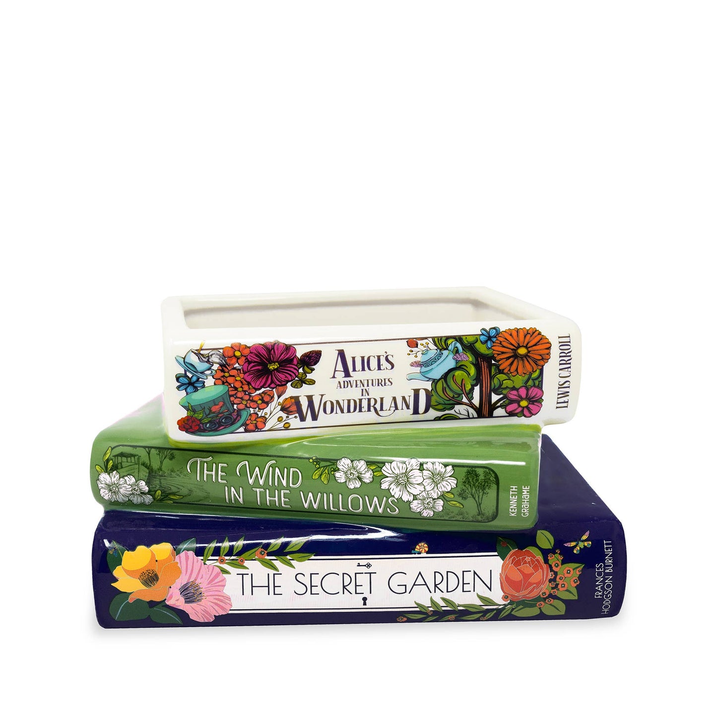 Ceramic Stacked Books Planter - Alice, Wind in the Willows, The Secret Garden