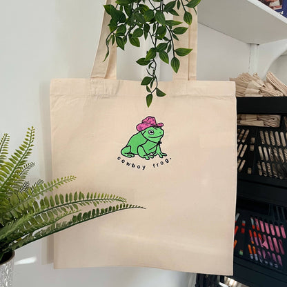Cowboy Frog Embroidered Tote Bag