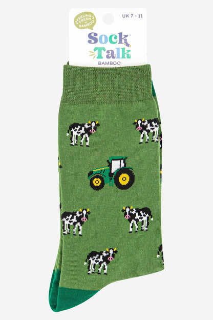 Men's Green Tractor and Cow Print Bamboo Socks