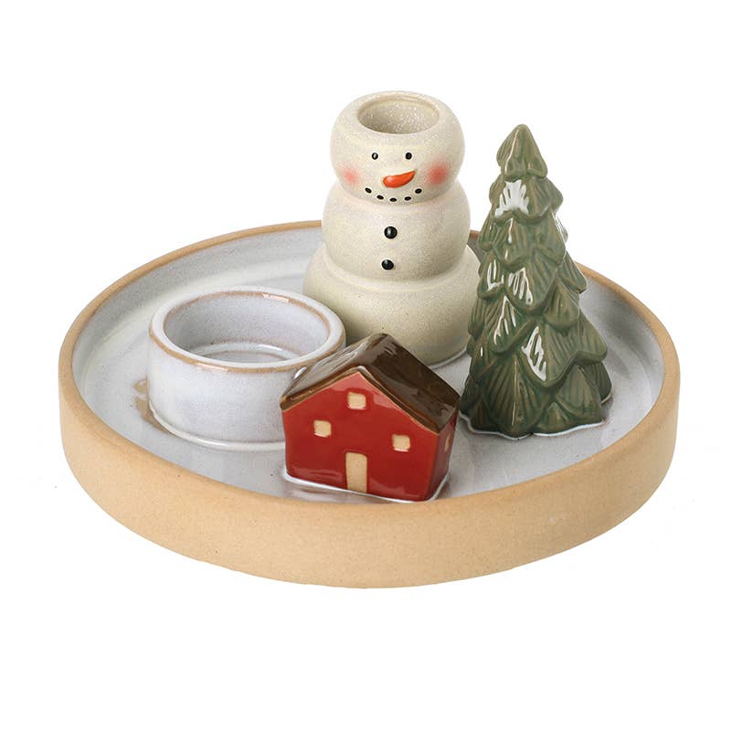 T LIGHT & CANDLE HOLDER SNOWMAN SCENE
