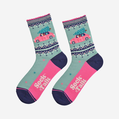 Women's Bamboo Socks - Green/Pink - Christmas Hedgehog Car