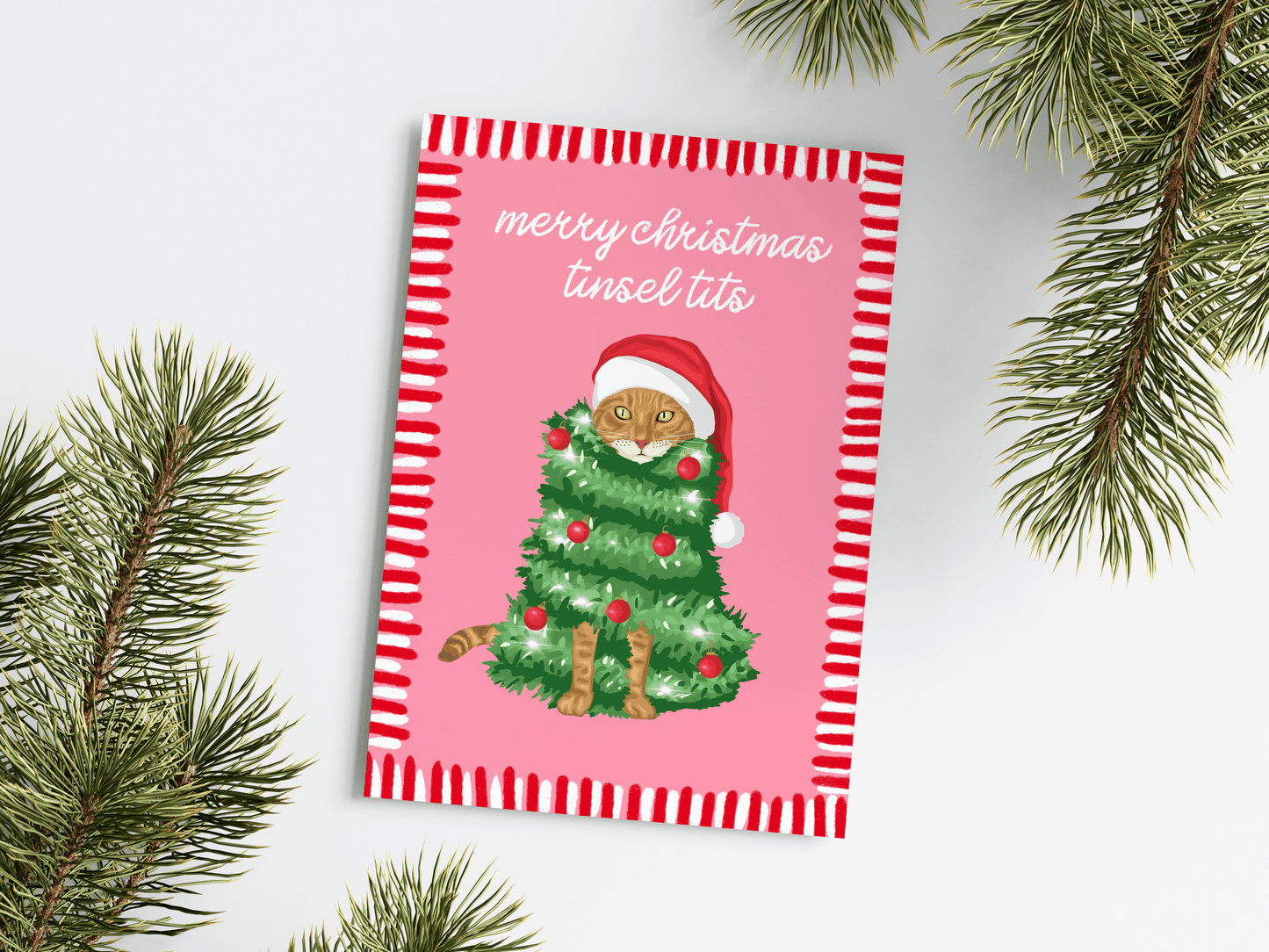 Merry Christmas Tinsel Tits Cat Illustrated Christmas Card