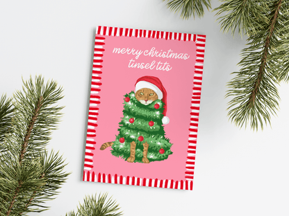 Merry Christmas Tinsel Tits Cat Illustrated Christmas Card