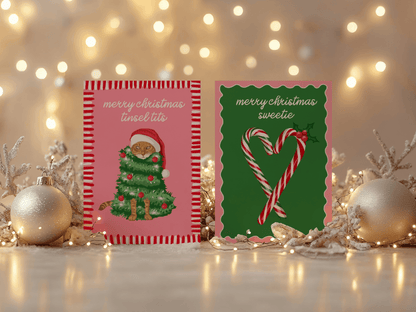 Merry Christmas Tinsel Tits Cat Illustrated Christmas Card