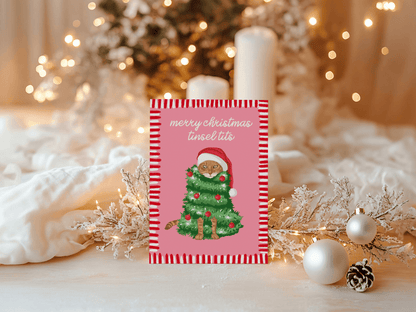 Merry Christmas Tinsel Tits Cat Illustrated Christmas Card