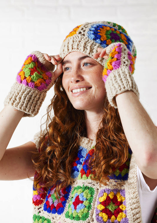 Cream Crochet Rainbow Hand Warmers