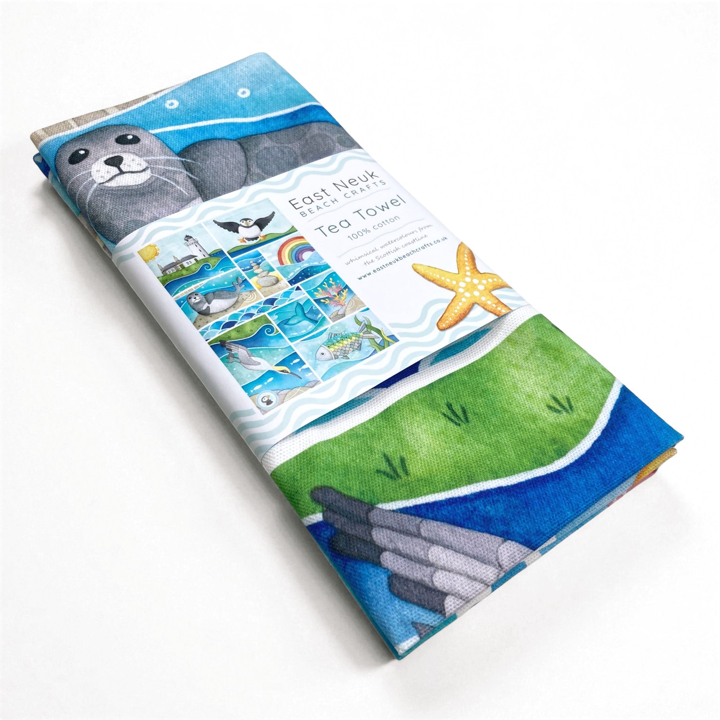Seaside Tea Towel - Cotton - Puffin, Seal, Gannet, Whale