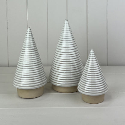 White Ribbed Ceramic Tree Ornament with Cream Base