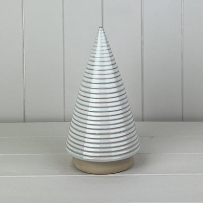 White Ribbed Ceramic Tree Ornament with Cream Base