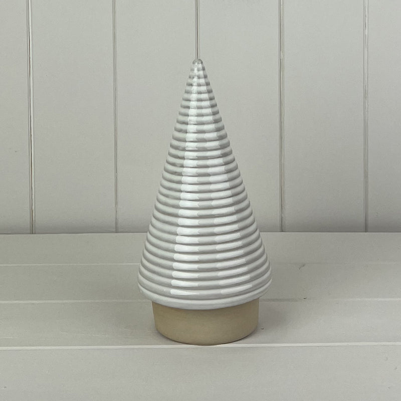 Medium White Ribbed Ceramic Tree Ornament with Cream Base