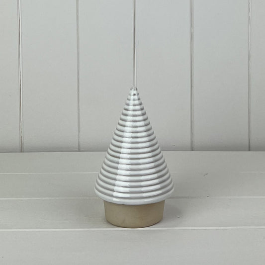 Small White Ribbed Ceramic Tree Ornament with Cream Base