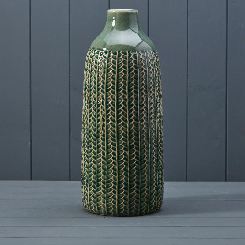 Tall Green Ceramic Striped Vase - 37.5 Cm