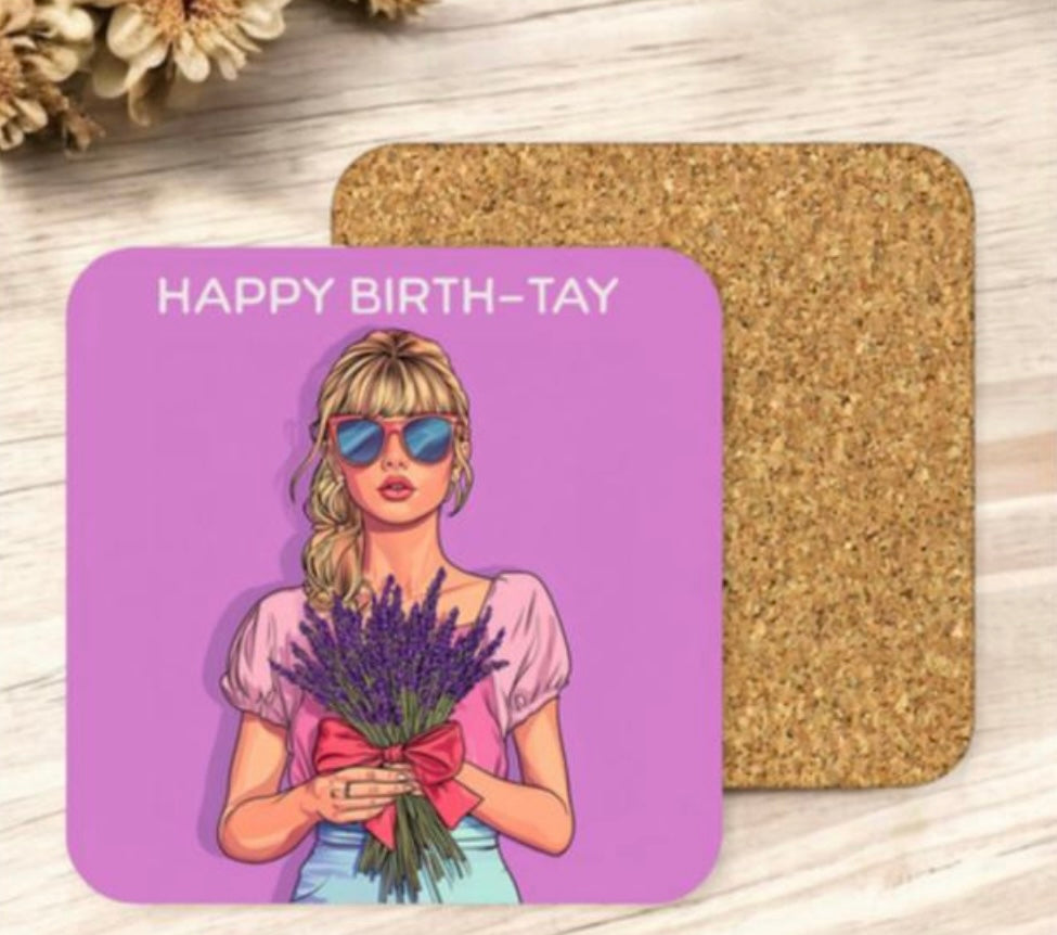 Lavender Happy Birth-tay Cork Backed Coaster