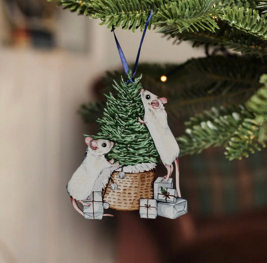 Sustainable Wooden Watercolour Christmas Decoration - Mice