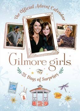 Blue Gilmore girls advent calendar, front, depicting images of the tv show, and relevant illustrations.
