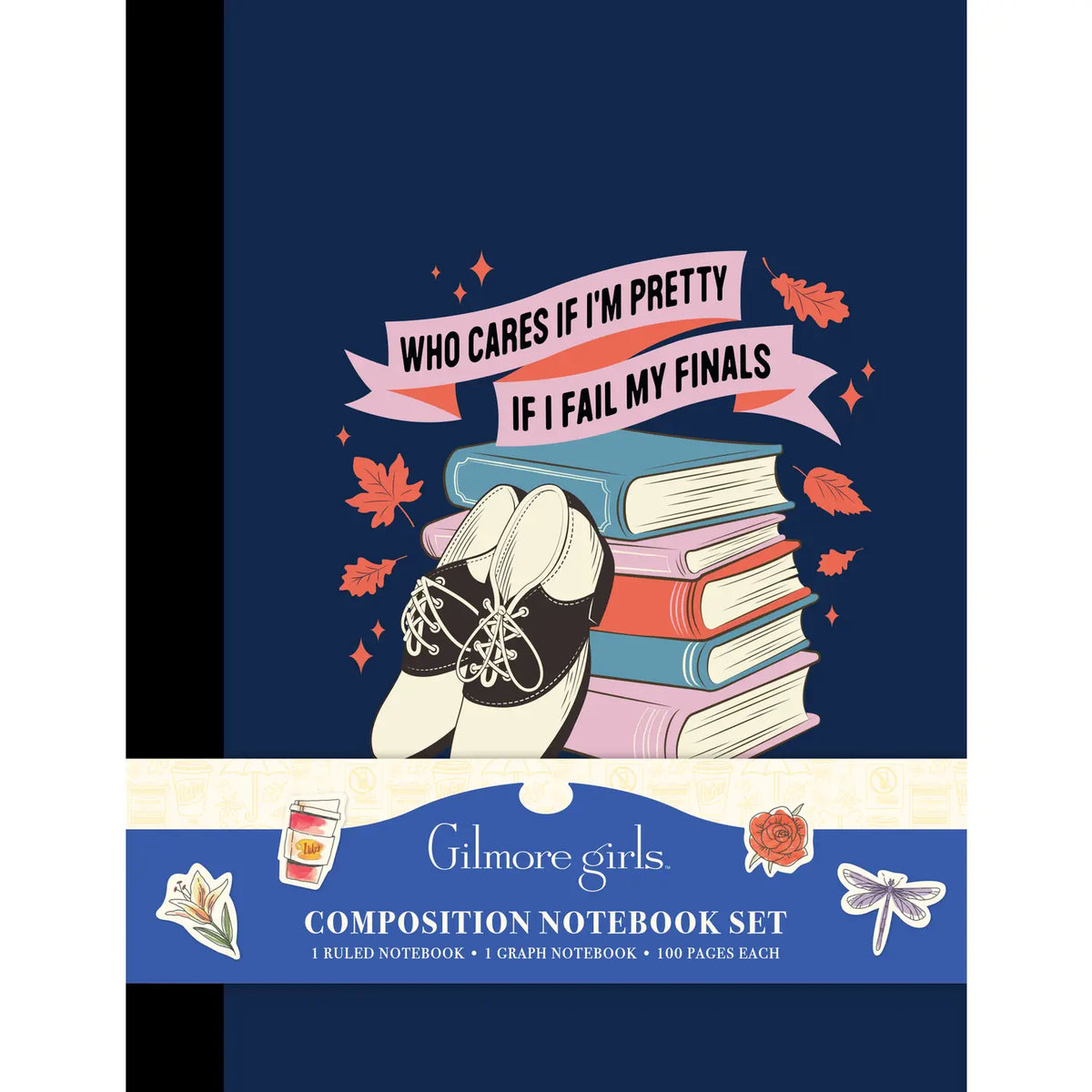 Composition notebook set with 'Gilmore Girls' theme, books, sneakers, and text on a blue background. Text says 'who cares if I'm pretty if I fail my finals'.