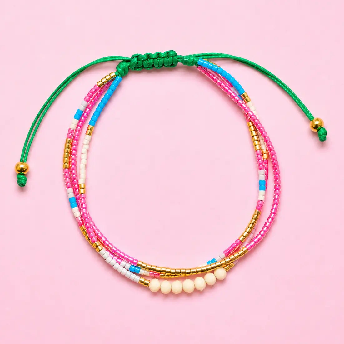 Beaded Adjustable Bracelet Pink Green Gold