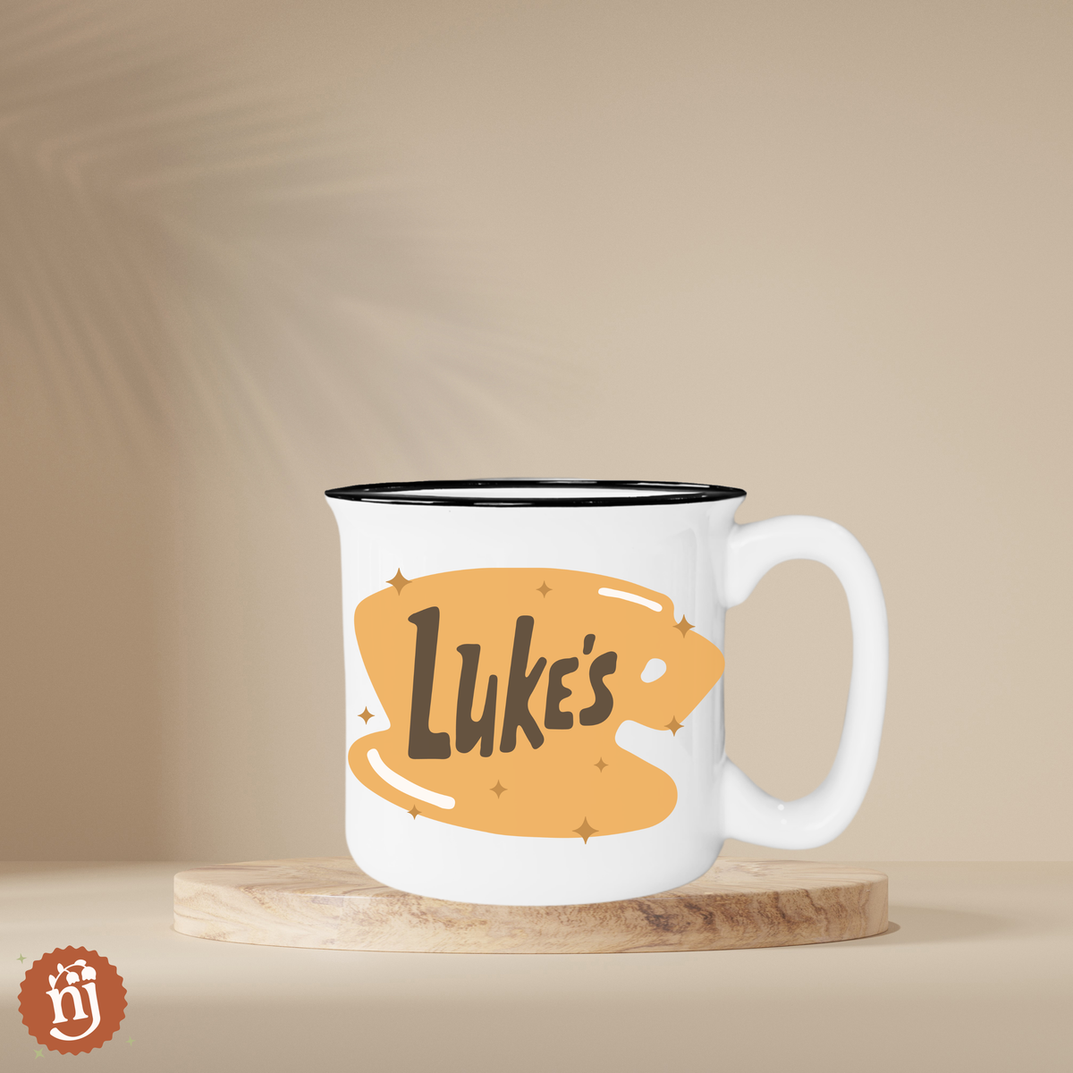 Gilmore girls-themed ceramic Campfire Mug with a luke's diner logo in yellow.