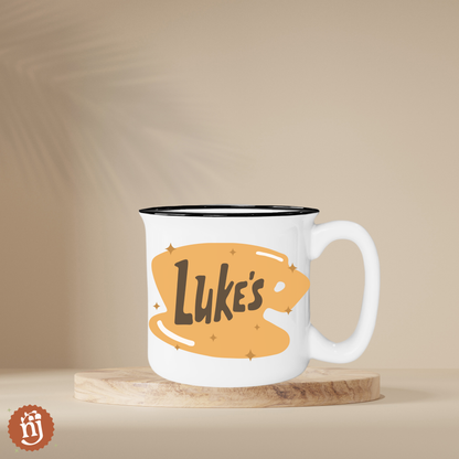 Gilmore girls-themed ceramic Campfire Mug with a luke's diner logo in yellow.
