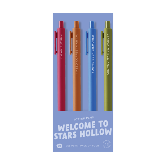 Set of four jotter Gilmour Girls themed gel pens, 'I'm in Autumn', 'I need coffee in an IV', 'You've been gilmored' and 'Are you my new daddy?'.