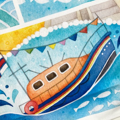 Seaside Tea Towel - Cotton - Seagull, Chip Shop, Lifeboat