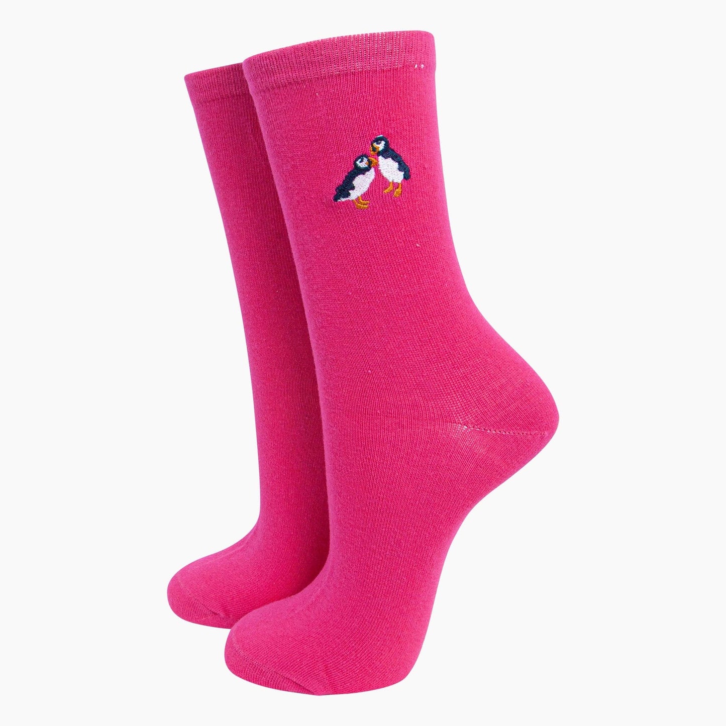 Women's Embroidered Socks - Fuchsia Puffins