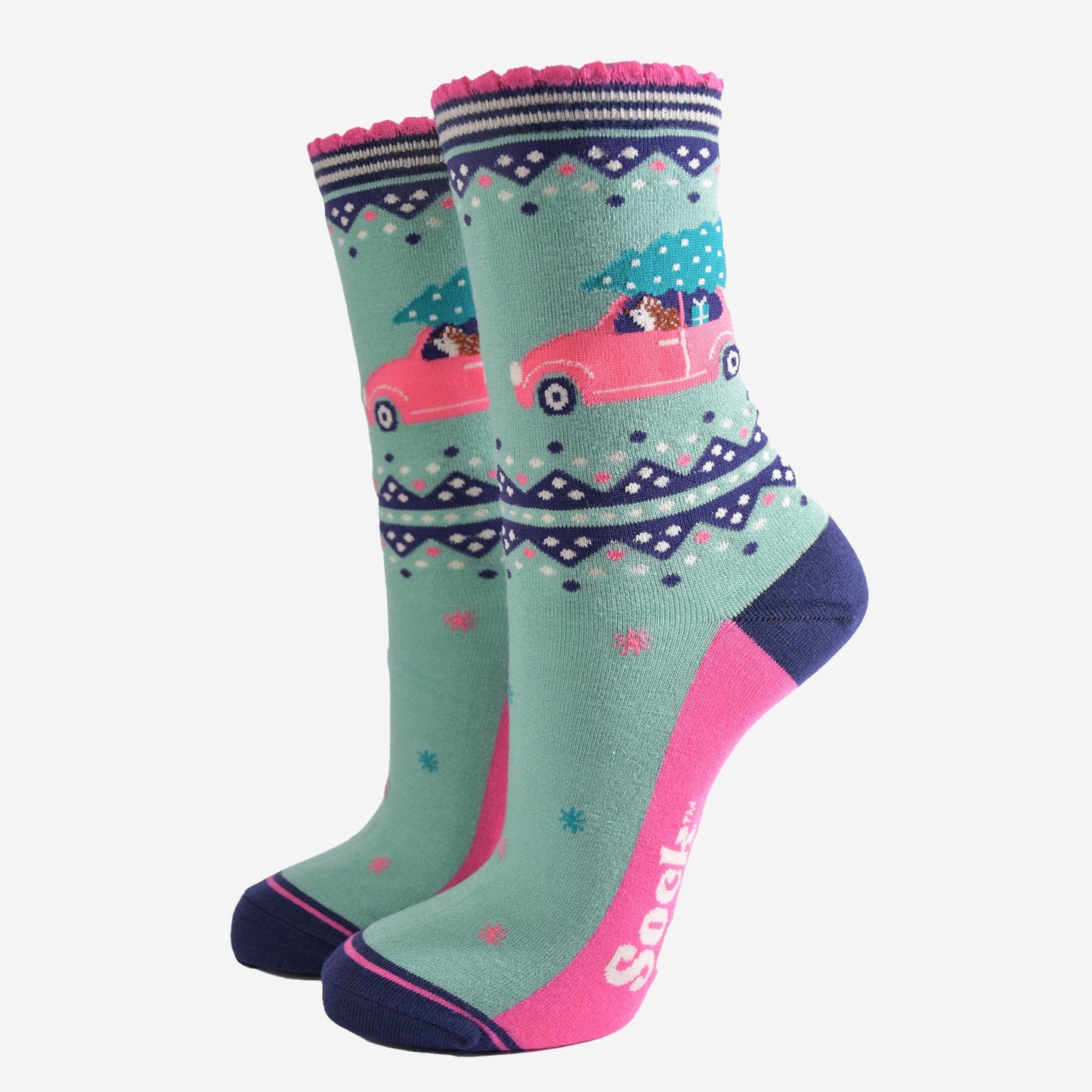 Women's Bamboo Socks - Green/Pink - Christmas Hedgehog Car