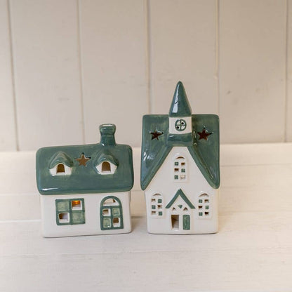 White/Green Ceramic House Tealight
