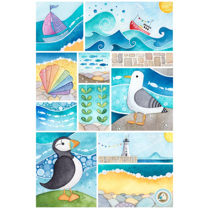 Seaside Tea Towel - Cotton - Puffin, Seagull, Boats