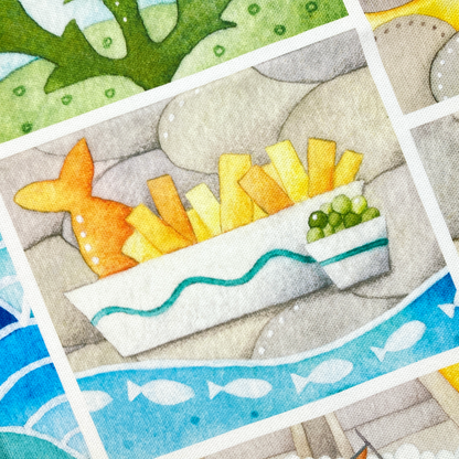 Seaside Tea Towel - Cotton - Seagull, Chip Shop, Lifeboat