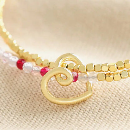 Lover - Pink Agate Beaded Heart Charm Bracelet in Gold