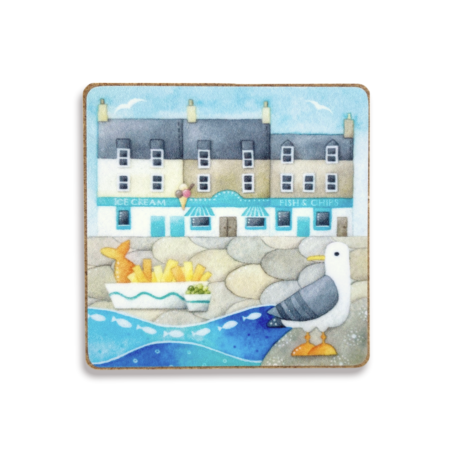 Fridge Magnet - Wood - Seagull with Fish and Chips