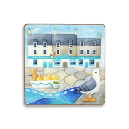Fridge Magnet - Wood - Seagull with Fish and Chips