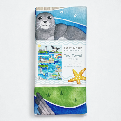 Seaside Tea Towel - Cotton - Puffin, Seal, Gannet, Whale