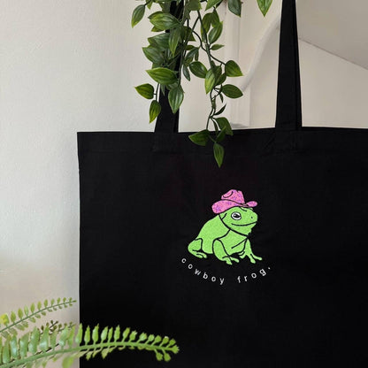 Cowboy Frog Embroidered Tote Bag