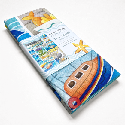 Seaside Tea Towel - Cotton - Seagull, Chip Shop, Lifeboat