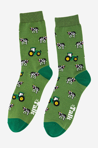 Men's Green Tractor and Cow Print Bamboo Socks