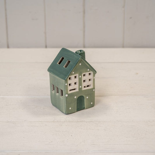 Green Ceramic LED House with Snowball Décor - 6 Hour Timer