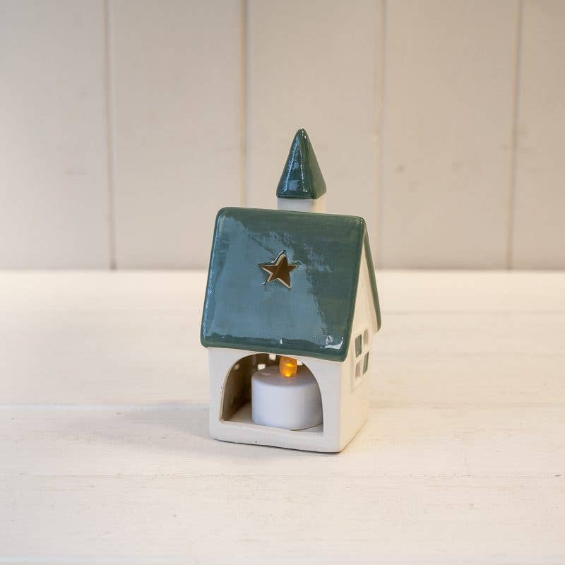 White/Green Ceramic Church Tealight