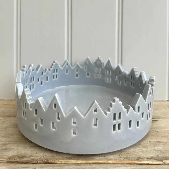 Large Ceramic House Scene Tray 21cm - Light Grey