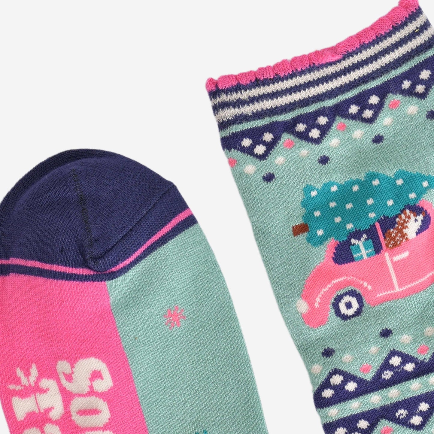 Women's Bamboo Socks - Green/Pink - Christmas Hedgehog Car