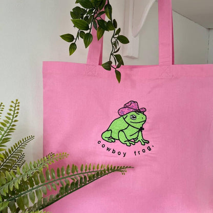 Cowboy Frog Embroidered Tote Bag