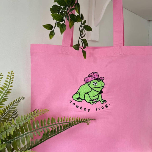 Cowboy Frog Embroidered Tote Bag