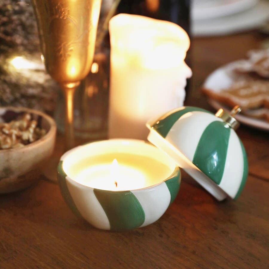 Green Candy Cane Stripe Winter Spice Bauble Candle