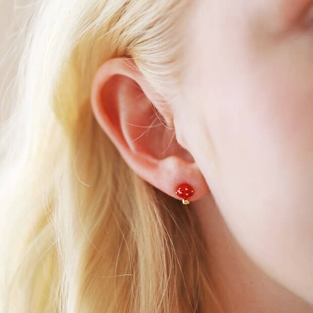 Red Enamel Mushroom Stud Earrings in Gold